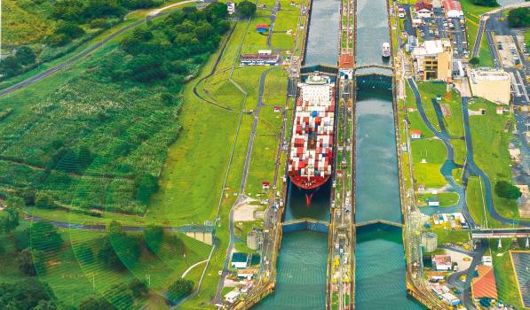 Container vessel crossing Panama's lock