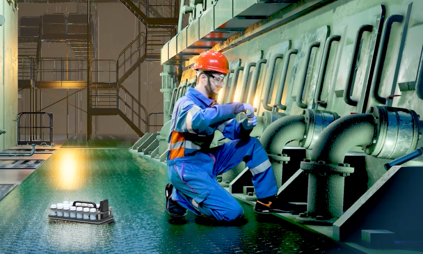 Operator performing drain oil sampling on a 2-Stroke marine engine