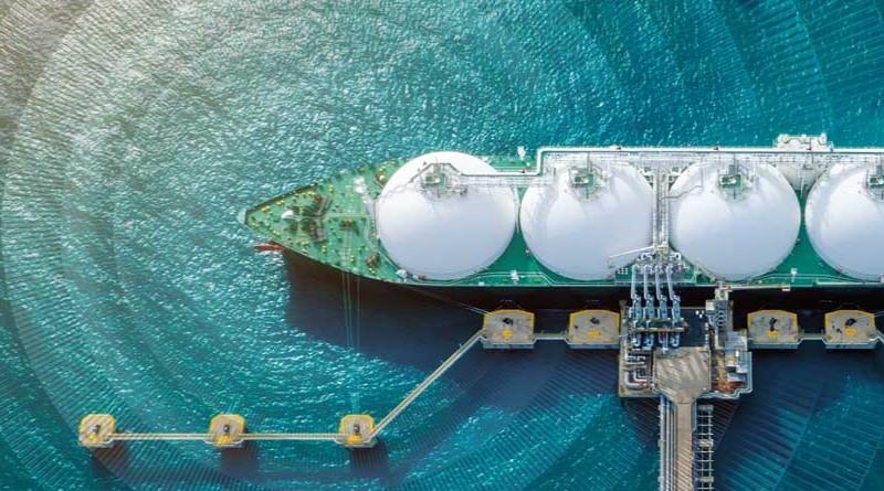 Gas tanker at jetty view from above