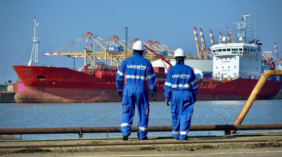 Lubmarine technical Engineers at port looking at a vessel at berth