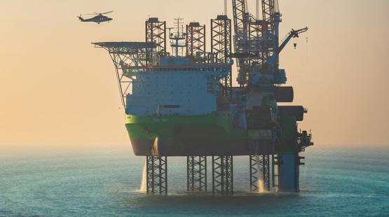 Wind turbine installation vessel in operation