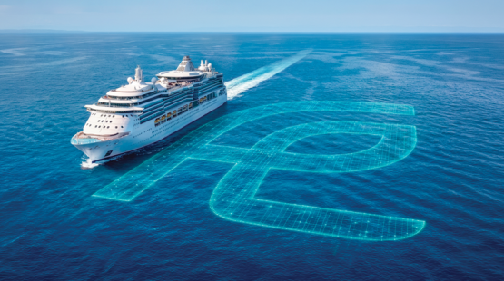 Cruise vessel at sea with Fuel Economy logo