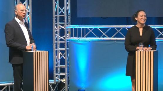 courtesy of DN Media Group Céline Verrat and Serge Dal Farra's talking carbon footprint of lubricants at Norshipping 2023